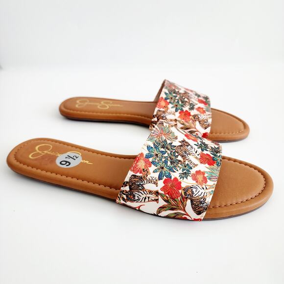 Jessica Simpson Tropical Jungle Tiger Print Beige & Tan Sandals Flats Size 9.5 - Picture 2 of 7